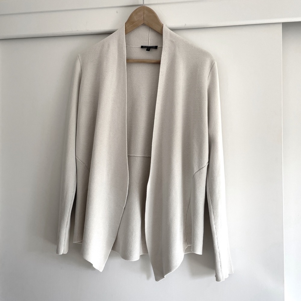 Eileen Fisher Open Front Knit Cardigan Cream‎ Silk Cotton Blend Waterfall